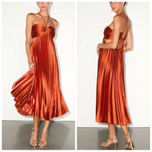 Lulus Aerin Pleated Cutout A-Line Midi Dress Rust Satin | XS | NWT